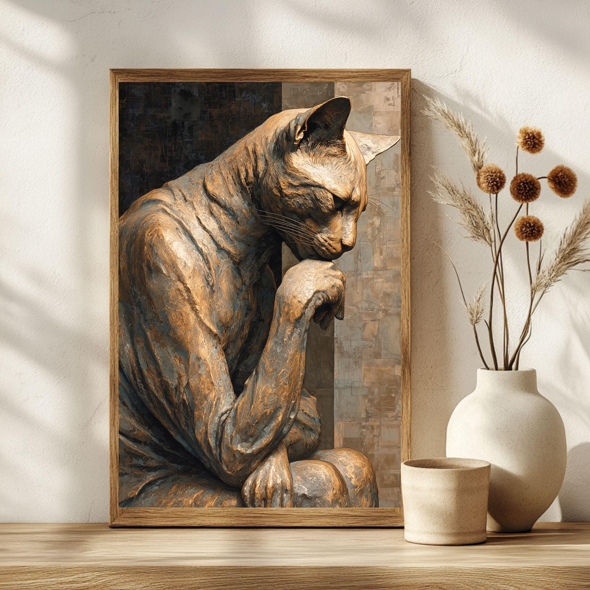 アンティーク雑貨   1993 Sitting Cat Rodin the Thinker Cat Art Print | Digital Download | Cat Lover