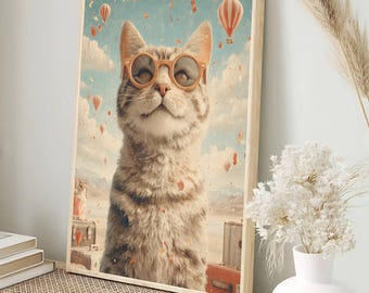 Whimsical Travel Fantasy Cat Art Print | Surreal Cat Poster | Digital Download | Dreamy Wall Art | Cat Lover Gift | Fantasy Decor