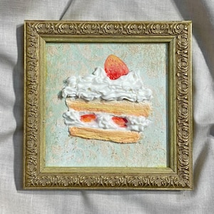 Gâteau aux fraises original peinture empâtement texturé 3D art mural peint à la main cadeau d'anniversaire petite nourriture peinture crème fouettée Art 4 x 4 pouces