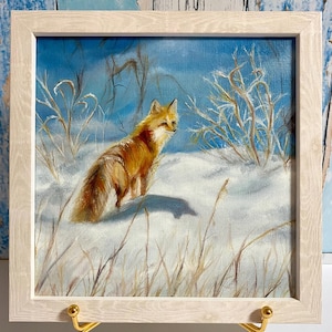 Original Oil Painting Fox in Snowy Field, Hand-Painted Wildlife Art Animal Wall Art Winter Nature Wall Decor Unique Gift 8x8 inch (20x20 cm)