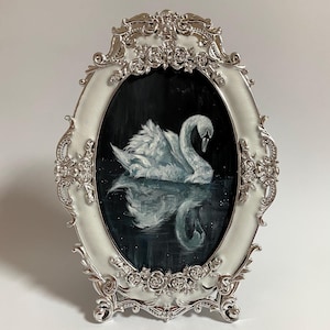 Framed Vintage White Swan Dark Background Hand-painted Original Acrylic Painting Victorian vintage decor Swan in lake Acrylic bird art (5x7)