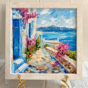 Original acrylic painting Santorini Greece landscape Mediterranean Art Seascape Wall Art Impasto Painting Hand Painted 8x8 inch (20x20 cm)