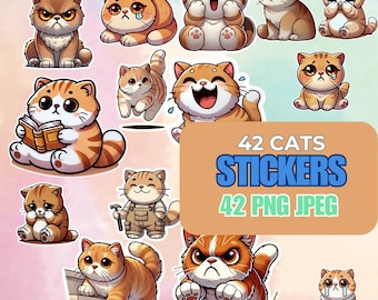 Stickerset kattenthema - leuke digitale png-downloads, stickerdownloads, afdrukbare stickers, ontwerpstickers, stickercricut