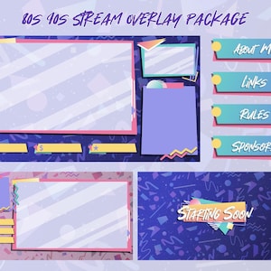 May include: A set of 80s and 90s themed Twitch stream overlays with a retro geometric pattern. The overlays include a main screen, a starting soon screen, and a panel with buttons for about me, links, rules, and sponsors.