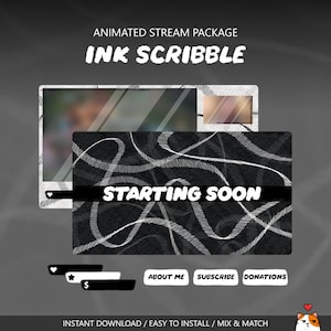 Animated Black White Ink Scribble Stream Overlay Package - Twitch, YouTube, Facebook, Vtuber OBS