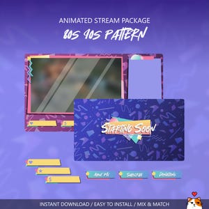 May include: An animated stream package with an 80s-90s pattern. The design features a purple and blue colour scheme with geometric shapes and the text "STARTING SOON." Includes buttons for "ABOUT ME," "SUBSCRIBE," and "DONATIONS."