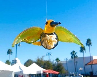 Yellow Hummingbird Sun-Catcher with a Flower in its Belly perfect gift for birthday, anniversary, wedding, or a house warming