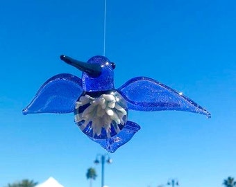 Blue Hummingbird Sun-Catcher with a Flower in its Belly perfect gift for birthday, anniversary, wedding, or a house warming