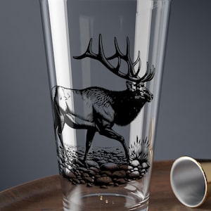 Bull Elk on the Rocks 16 oz Mixing Glass Pint Beer Pub Glass Top Rack Dishwasher Safe Water Cup Hunter Holiday Gift Sips and Shenanigans #1