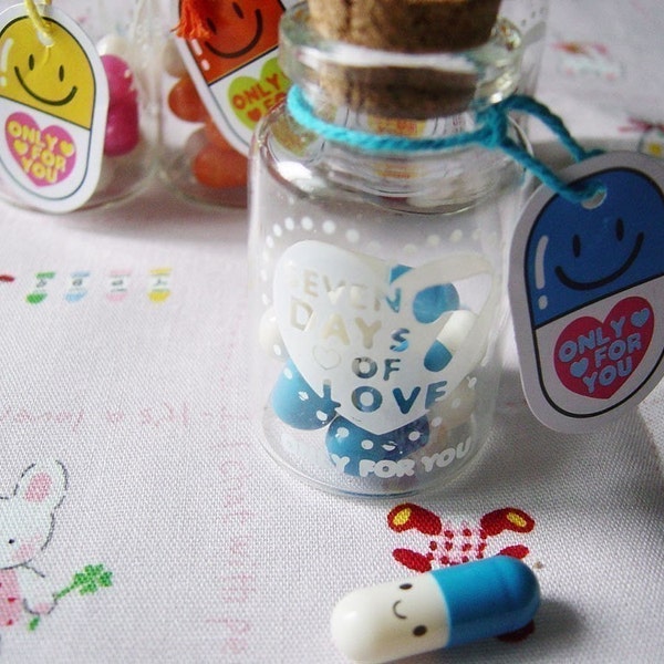 Kawaii Pill Bottle Secret Note Letter in a Glass Bottle with Cork Top Love Vitamin 7 Days in a Week Blue Pills