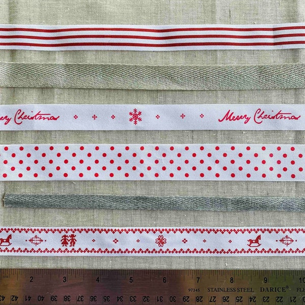 Cotton Tape Collection Sampler No 10 Christmas Holiday Cotton Labels Twill Ribbon Nordic Winter Snowflakes Stripes Polka Dots Zakka Sewing