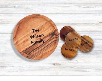 Personalized Acacia Wood Cake Stand, Engraved Serving Tray with Coasters, Wedding Gift, Housewarming Gift, Charcuterie Board