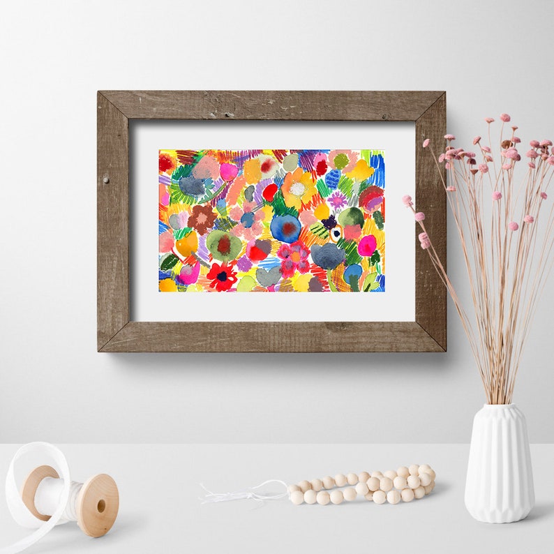 May include: A framed watercolor painting of a colorful abstract floral pattern. The painting features a variety of bright colors, including red, orange, yellow, green, blue, and purple. The flowers are arranged in a random pattern, creating a sense of movement and energy.