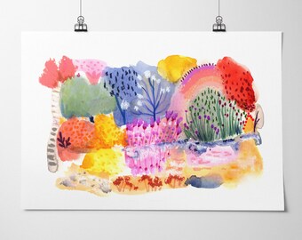 Autumn Lake Landscape Art Print: Colorful Mixed Media Illustration