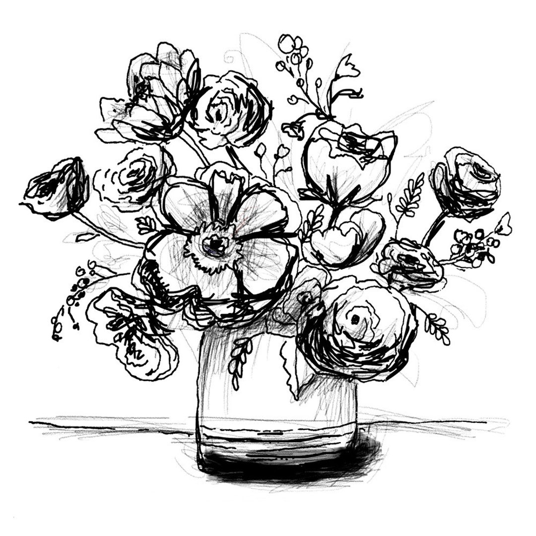 Black and White Vase of Flowers, Black and White Art Print, Abstract