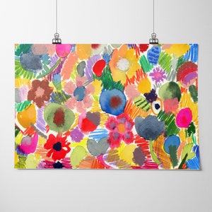 May include: Abstract watercolor painting with a colorful floral pattern. The painting features a variety of flowers, leaves, and other shapes in shades of red, orange, yellow, green, blue, purple, and pink. The background is white.