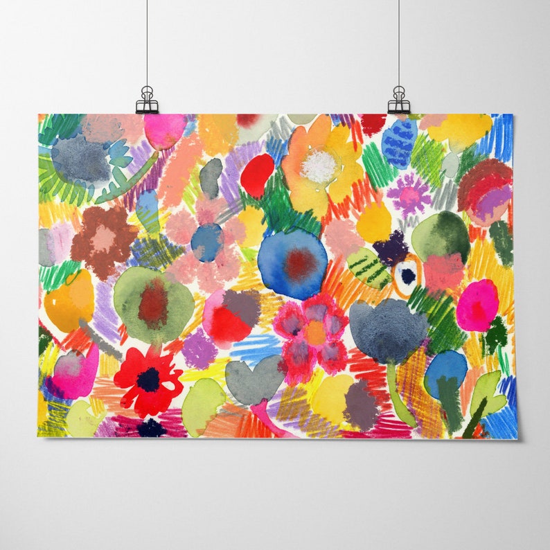May include: Abstract watercolor painting with a colorful floral pattern. The painting features a variety of flowers, leaves, and other shapes in shades of red, orange, yellow, green, blue, purple, and pink. The background is white.