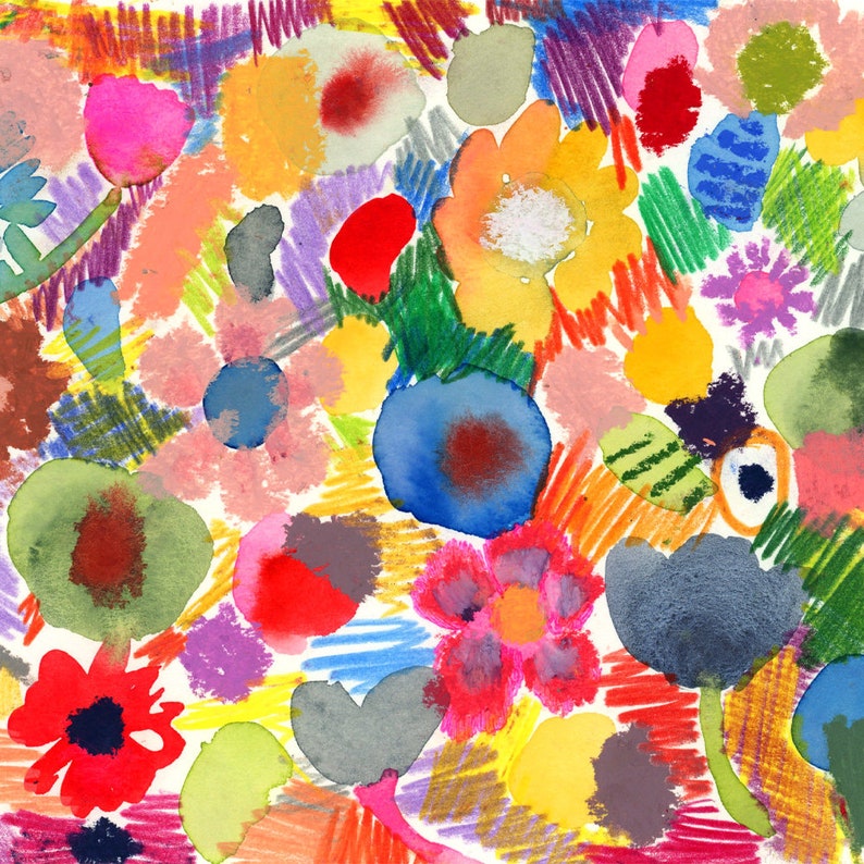 May include: Abstract watercolor painting with colorful flowers, circles, and scribbled lines in shades of blue, green, red, yellow, and purple.