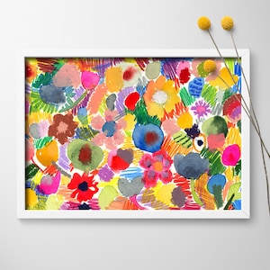 May include: Abstract watercolor painting with a colorful floral pattern. The painting features a variety of shapes and colors, including red, yellow, blue, green, and purple. The background is white.