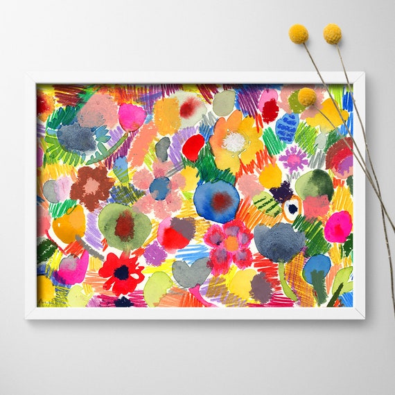 Abstract Spring Flowers Art Print: Colored Pencil Garden Illustration