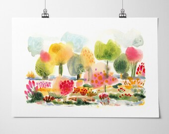 Fall Trees Landscape Art Print: Colorful Mixed Media Illustration