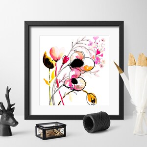 Flower art print, Pink and black flower art, Watercolor floral illustration, Delicate flower wall art, Home decor, Modern flower print