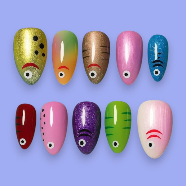 Colorful Fish Press On Nails, Kawaii Rainbow Nail Art, Glitter Cartoon Fish, Handmade Gel Tips, Short Oval Reusable Set