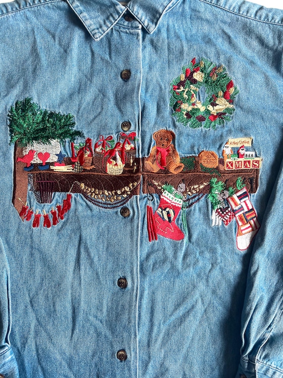 Vintage Denim Christmas Embroidered Button-Up - image 2