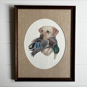 Vintage hunting dog and mallard duck framed print, rustic cabin decor