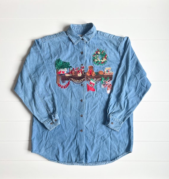 Vintage Denim Christmas Embroidered Button-Up - image 1