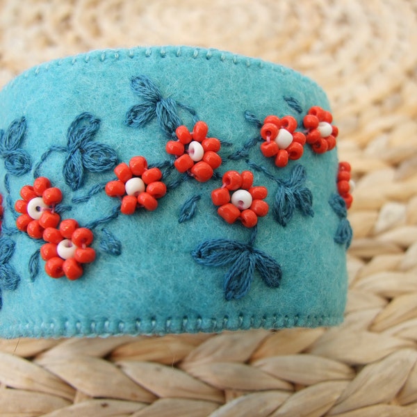 Turquoise Felt Hand Embroidered Cuff Bracelet