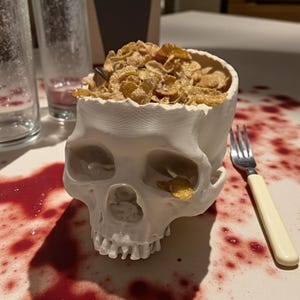 May include: A white skull-shaped bowl filled with cereal. A stainless steel fork with a cream-colored handle rests beside the bowl. The table has a red splatter design. Clear glass bottles and a menu are in the background.