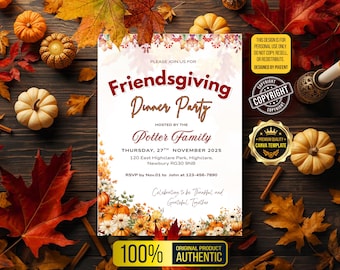 Puede incluir: Invitación a una cena de Acción de Gracias entre amigos con temática otoñal. La invitación presenta calabazas, hojas de otoño y el texto "Friendsgiving Dinner Party" en una fuente decorativa. Organizado por la familia Potter.