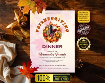 Plantilla moderna de invitación para Acción de Gracias otoñal / Invitación editable para cena de Acción de Gracias / Tarjeta imprimible de otoño cálido
