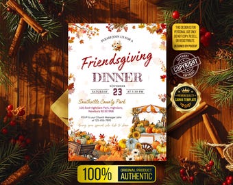 May include: Thanksgiving dinner invitation with fall foliage and pumpkins. The invitation reads "Friendsgiving Dinner" with the date, time, and location. The design includes a cart filled with pumpkins.