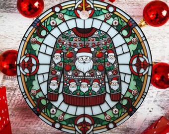 May include: Circular Christmas ornament with a stained-glass effect, depicting a festive sweater design with Santa Claus and other holiday motifs. The ornament has a gold hanging loop and is surrounded by red baubles.