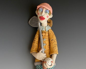 FEMALE GOLFER Wall Sculpture, Clay Wall Sculpture, Sculpted Female Golfer, Ceramic Sculpture, Clay Sculpture, Ceramic Woman Golfer, Golfer