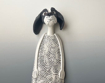 CLAY DOG, DOG, Ceramic Dog Sculpture, Clay Sculpture, Wall Art, Wall Sculpture, Wall Decor, Black & White Dog, Hanging Clay Dog Sculpture