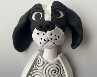 CLAY DOG, DOG, Ceramic Dog Sculpture, Clay Sculpture, Wall Art, Wall Sculpture, Wall Decor, Black & White Dog, Hanging Clay Dog Sculpture