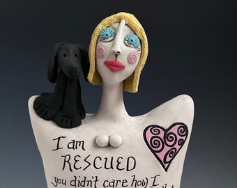 DOG RESCUE, I am rescued, Clay Sculpture, Ceramic Dog Rescue Sculpture, Black Dog, Sculptural Art, Message Bottle, Paw Prints, Rescue Dog