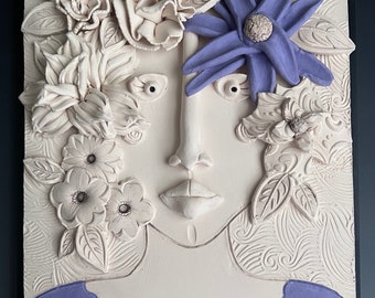 WALL PLAQUE, FEMALE Clay WAll Plaque, Clay Flowers, Clay Sculpture, Female Sculpture, Ceramic Sculpture, Ceramic and Wood Wall Plaque