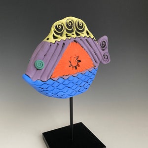 FREE SHIPPING, FISH on a Stick, Purple and Blue Fish, Ceramic Fish, Clay Fish, Handmade Fish, Hand Painted Fish, Pottery Fish, Colorful Fish