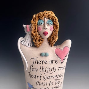 Woman with CAT Sculpture, CAT QUOTE, Clay Sculpture with Cat, Ceramic Sculpture, Clay Art, Heartwarming Cat Sculpture, Sculptural Art