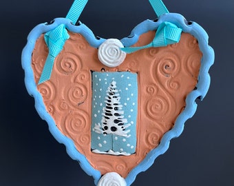 TREE, Holiday, Clay Heart, Pottery Heart, Ceramic Clay Heart, Hanging Heart, Handmade Heart, Hand Painted Heart, Hanging Heart Decoration