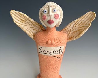 HANDMADE CLAY ANGEL, Angel, Clay Angel, Ceramic Angel, hand sculpted Angel, Angel with Wings, Angel Sculpture, Standing Angel, Angel Statue