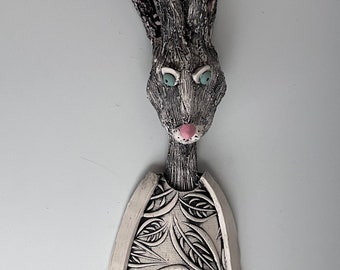 JACKRABBIT, CLAY BUNNY, Ceramic Sculpture, Clay Sculpture, Wall Art, Wall Sculpture, Wall Decor, Hare, Rabbit, Bunny, Black and White Hare