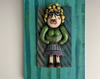 FREE SHIPPING, Hand Sculpted Clay Tile,  Female Tile, Clay Tile, Sculpted Female Tile, Clay Sculpted Woman on wood backing, Wall Art