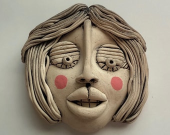 Hand Sculpted Ceramic Wall Face: Black and White with Pink Cheeks