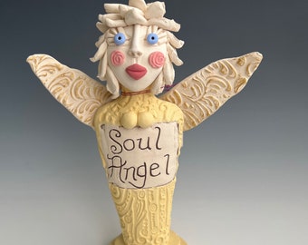 HANDMADE CLAY ANGEL, Angel, Clay Angel, Ceramic Angel, hand sculpted Angel, Angel with Wings, Angel Sculpture, Standing Angel, Soul Angel