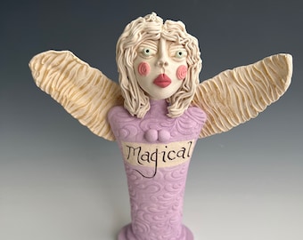 HANDMADE CLAY ANGEL, Angel, Clay Angel, Ceramic Angel, hand sculpted Angel, Angel with Wings, Angel Sculpture, Standing Angel, Angel Statue